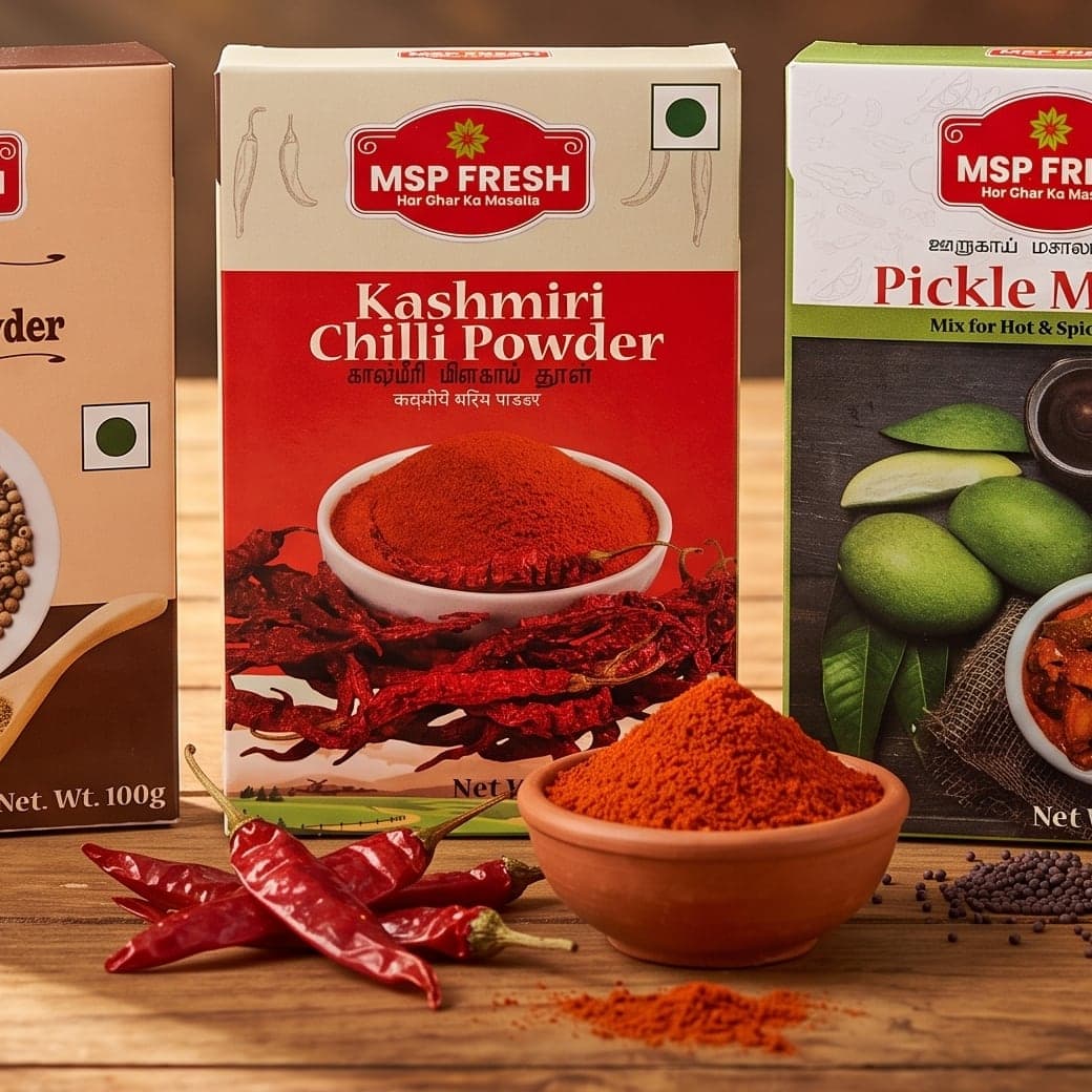 MSP Fresh Kashmiri Chilli Powder pack with chillies and chilli powder
