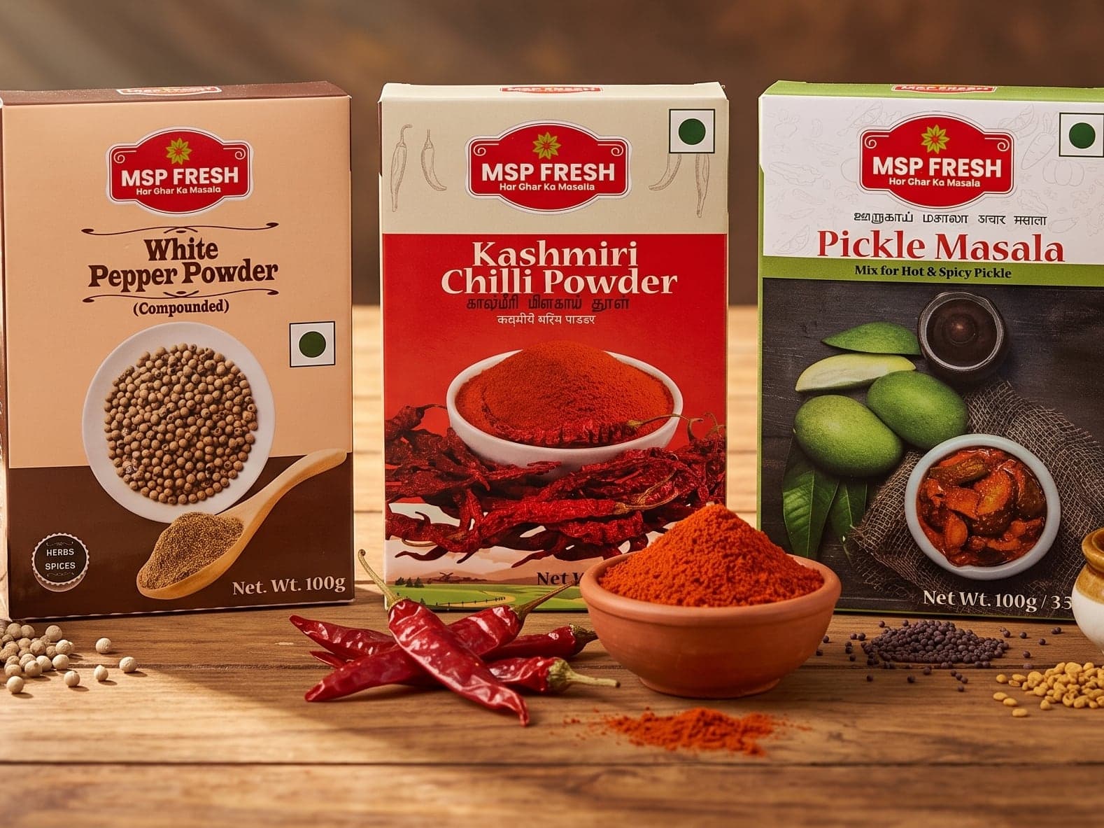 MSP Fresh White Pepper Powder, Kashmiri Chilli Powder and Pickle Masala packs