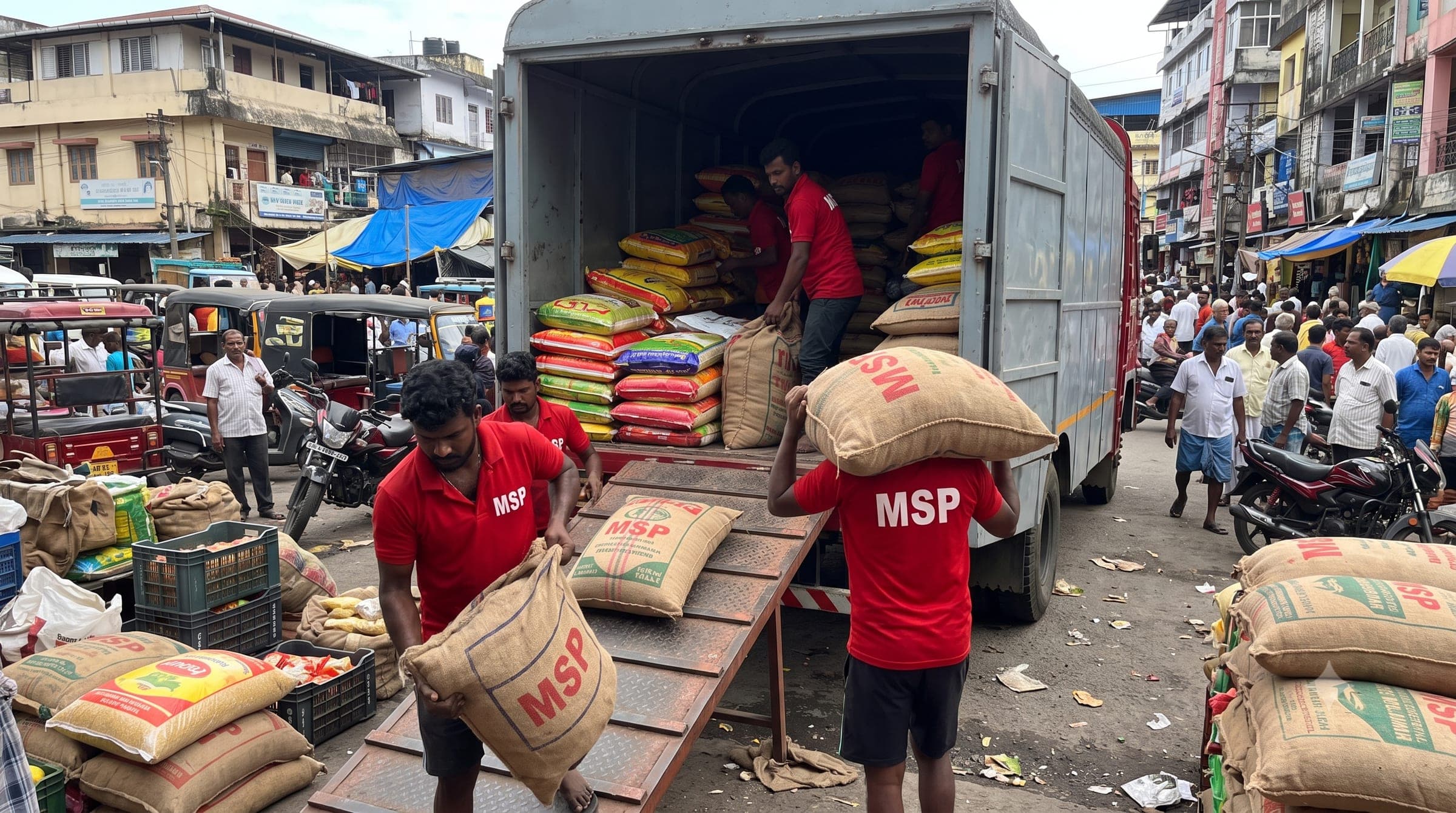 MSP team unloading rice sacks from a lorry at the market
